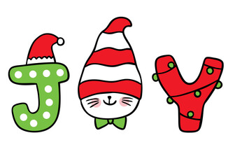 Cartoon cute Christmas and New year cat and gnome hat and joy vector.