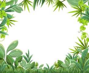 Jungle thickets frame. Green tropical trees, herbs and shrubs. Flat cartoon style. Green exotic landscape. Isolated on white background. Vector.