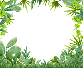 Fototapeta premium Jungle thickets frame. Green tropical trees, herbs and shrubs. Flat cartoon style. Green exotic landscape. Isolated on white background. Vector.