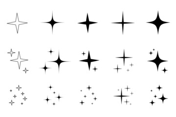 Shine sparkle star icon set. Twinkle star black silhouette for sparkle, glitter light, magic flare effect. Isolated vector illustration.