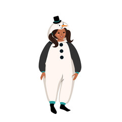 Girl in carnival costume of snowman. Festive clothing for pajama party, theatre, New Years or Christmas. Child dancing with happy face and smile