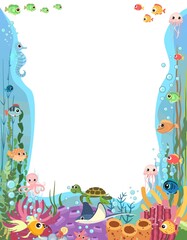 Fototapeta na wymiar Bottom of reservoir with fish. Blue water. Sea ocean. Frame. Underwater landscape with animals, plants, algae and corals. Illustration in cartoon style. Isolated. Flat design. Vector art