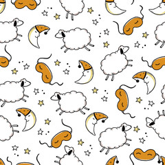 Sleep, bed time seamless pattern. Zzz, dream time kids background. Hand drawn sketch doodle style. Sheep, sleep mask, moon element. Vector illustration.