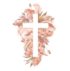 boho watercolor cross with dry eucalyptus and tropical flowers on a white background. Design for first communion, baptism, easter