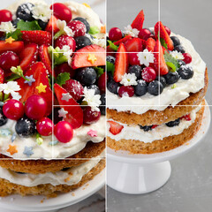 Collage of delicious homemade cake with fresh berries and mascarpone cream on wooden background.