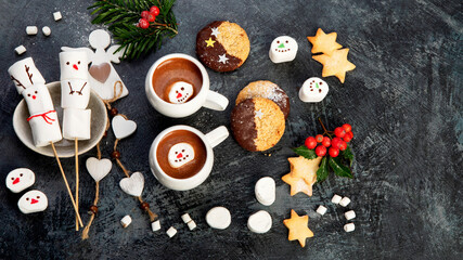 Obraz na płótnie Canvas Christmas composition with hot chocolate and cookies.
