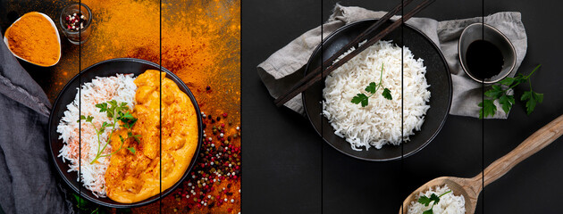 Collage of Indian butter chicken curry with basmati rice on dark background.