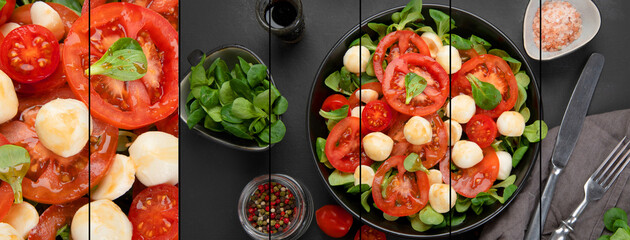 Collage of delicious Italian caprese salad with sliced tomatoes and mozzarela on dark background.