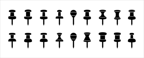 Push pin icon set. Map push pin icons set for map location tagging or pointer. Needle pinned position marker. Vector stock illustration. Straight type position.