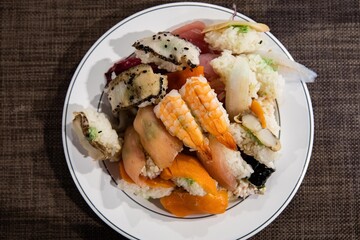 A plate of various kinds of fish sushi at a buffet restaurant, Japanese food