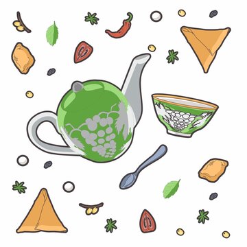 Teapot with bowl and teaspoon. Food composition: baursak, samsa and fruits. Vector.