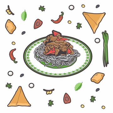 Lagman with meat and pepper. Food composition: noodles, vegetables and meat. Vector.