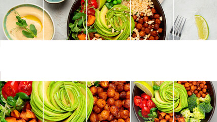 Collage of Buddha bowl with mixed grilled vegetables on light background.