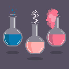 Flasks with chemical reaction, three kinds of reactions, active substances of different colors