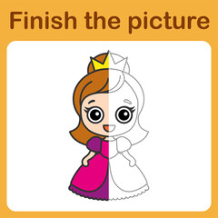 Connect the dot and complete the picture. Simple coloring little queen. Drawing game for children