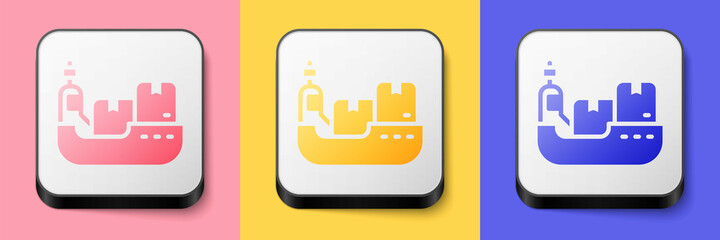 Isometric Cargo ship with boxes delivery service icon isolated on pink, yellow and blue background. Delivery, transportation. Freighter with parcels, boxes, goods. Square button. Vector