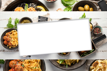 Collage of Assortment of Italian pasta with traditional snacks and sauces for dinner on white wooden background.