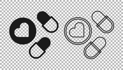 Black Medicine pill or tablet icon isolated on transparent background. Capsule pill and drug sign. Pharmacy design. Vector