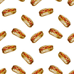 Hand-drawn sketch watercolor illustration of hotdog