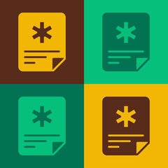 Pop art Medical clipboard with clinical record icon isolated on color background. Prescription, medical check marks report. Vector