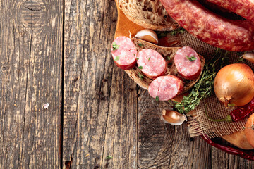 Dry-cured sausages with herbs and spices.