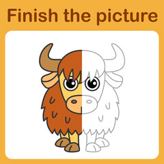 Connect the dot and complete the picture. Simple coloring funny bull, yak. Drawing game for children.