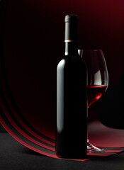 Bottle and glass of red wine.