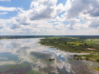 Drone shot aerial view scenic landscape of river reservoir dam and the forest
