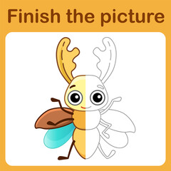 Connect the dot and complete the picture. Simple coloring funny insect stag beetle. Drawing game for children
