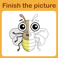 Connect the dot and complete the picture. Simple coloring funny insect fly. Drawing game for children