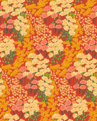 Fototapeta na wymiar Seamless floral pattern with blooming meadow in vintage style. Abstract composition of different wild flowers in nice colors. Vector.