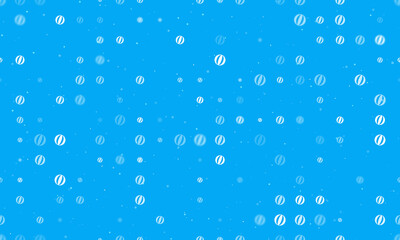 Naklejka na ściany i meble Seamless background pattern of evenly spaced white beach ball symbols of different sizes and opacity. Vector illustration on light blue background with stars