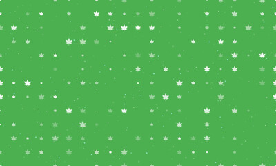Seamless background pattern of evenly spaced white maple leafs of different sizes and opacity. Vector illustration on green background with stars