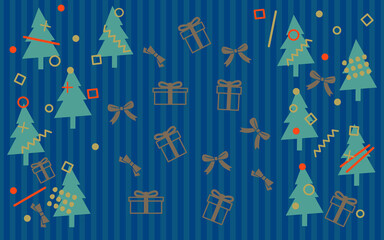Background illustrations of fir trees, shapes, gift boxes, ribbons and stripes.