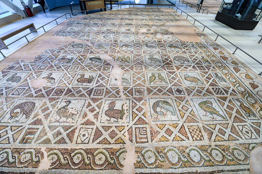 Plovdiv, Bulgaria - 08.10.2021: The Bishop's Basilica and the roman mosaic heritage of Philippopolis	
