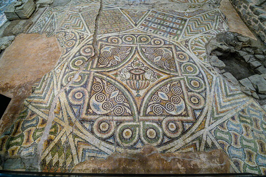 Plovdiv, Bulgaria - 08.10.2021: The Bishop's Basilica and the roman mosaic heritage of Philippopolis	
