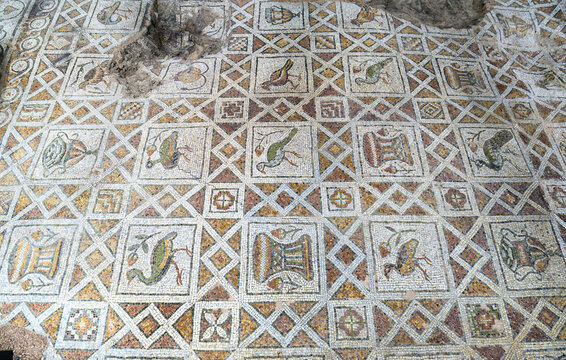 Plovdiv, Bulgaria - 08.10.2021: The Bishop's Basilica and the roman mosaic heritage of Philippopolis	
