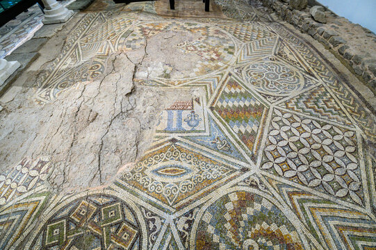 Plovdiv, Bulgaria - 08.10.2021: The Bishop's Basilica and the roman mosaic heritage of Philippopolis	
