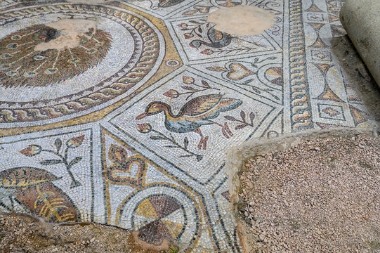 Plovdiv, Bulgaria - 08.10.2021: The Bishop's Basilica and the roman mosaic heritage of Philippopolis	
