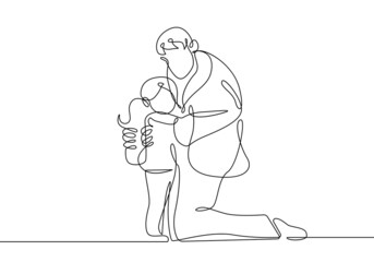 Father and Baby Couple Continuous Line Drawing. Happy Family Single Line Drawing. Happy Father`s Day Minimalist Contour Illustration. Vector EPS 10.