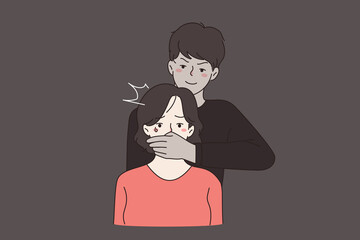 Man cover crying distressed woman face with hand. Family domestic violence and aggressive behavior. Gender sex abuse and discrimination. Beating and aggression in relationship. Vector illustration. 