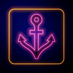 Obraz premium Glowing neon Anchor icon isolated on black background. Vector