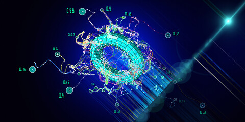 Abstract background with chaotic  lines connecting dots of torus with blurred lines. Analytics algorithms data. Big data. Quantum cryptography concept.  Banner for business, science and technology.