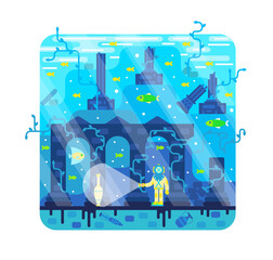 Deep sea diver on the seabed, the ruins of a flooded city. Vector cartoon illustration in flat cartoon stile