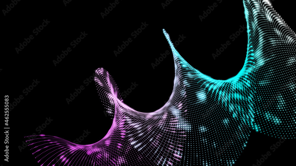 Poster abstract wave from small particles. abstract glowing figure on black background.