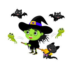 cute cartoon style illustration of a witch flying on a broom