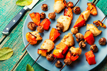 Kebabs with meat,pumpkin and mushrooms