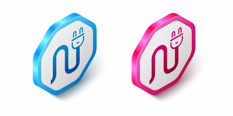 Isometric Electric plug icon isolated on white background. Concept of connection and disconnection of the electricity. Hexagon button. Vector