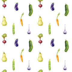 Watercolor seamless pattern of garden vegetables on white background.
