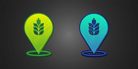 Green and blue Cereals set with rice, wheat, corn, oats, rye, barley icon isolated on black background. Ears of wheat bread symbols. Vector